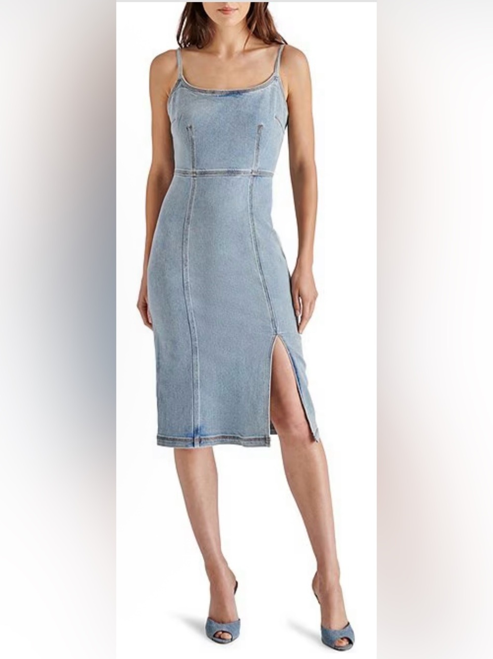 Steve Madden Denim Midi Dress size 4 corset bodycon spaghetti strap Side Slit
